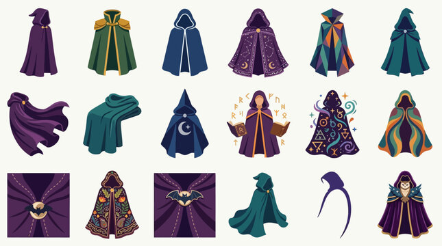 Assorted designs of fantasy wizard cloaks, robes, and capes.