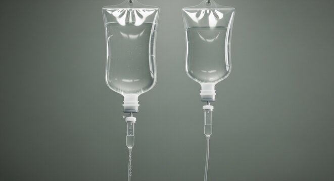 Two clear intravenous drip bags hanging against a gray background