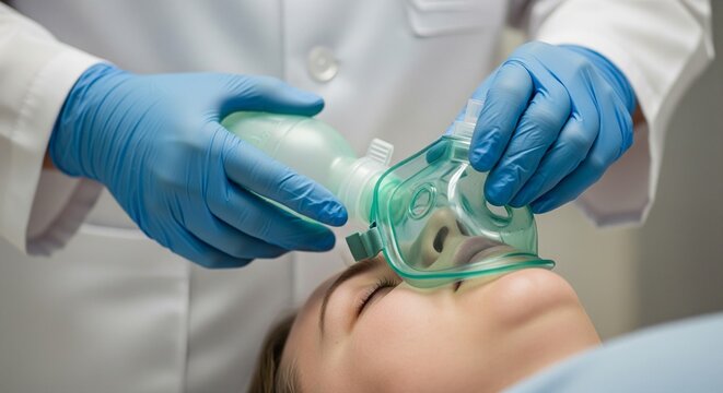 Doctor administering oxygen with bag valve mask to patient