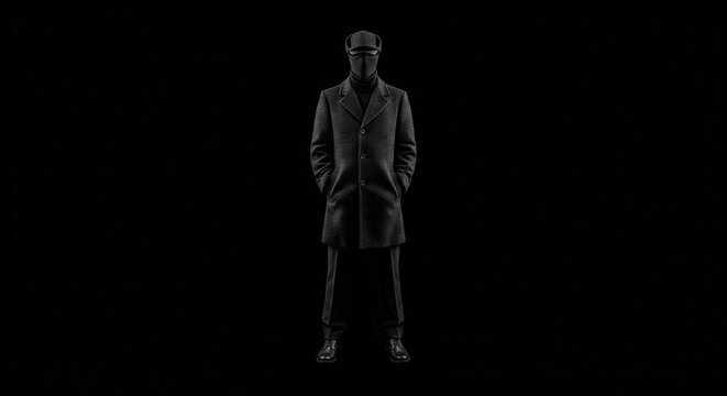 Mysterious masked man in dark overcoat and cap on black background