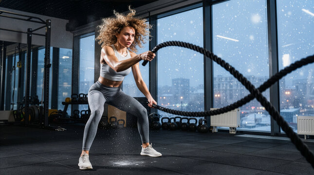 A dynamic image capturing a blonde woman with curly hair handling heavy battle ropes in the functional training area of ​​a gym.