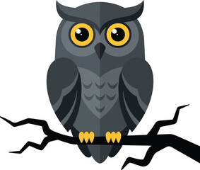 Obraz premium A stylized flat design illustration of a dark grey owl with bright yellow eyes perched on a bare, dark tree branch against a white background.