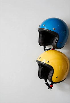 Road safety and travel adventure, blue and yellow vintage motorcycle helmets hanging on a wall for urban commuting and motorcycling lifestyle gear