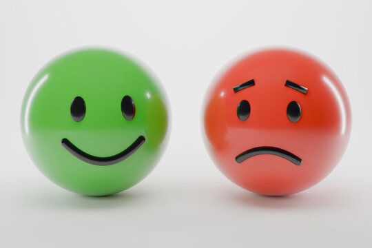 Happy green and sad red 3D emoticons on white background, good and bad rating concept