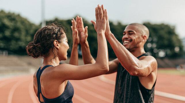 High Five Victory: Two fit athletes celebrate a win with a high five on a running track, their faces beaming with joy and accomplishment after a challenging race.