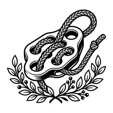 Vintage nautical emblem of a maritime deadeye pulley with rope and laurel wreath illustration.