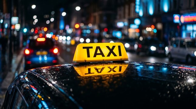 Yellow taxi sign glowing on top of a car at night in a busy city street with blurred lights and rain