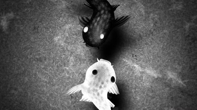 two black and white fish joining together to form the yin yang symbol