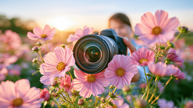 Pink flower camera photographer sunset garden blossom sunlight