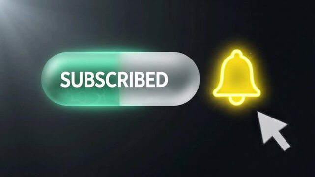 A cursor clicks a subscribed button with a notification bell illuminating on a dark background subscribe subscription click alert illumination