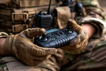 Fototapeta premium Military fpv drone operator hands in tactical gloves holding remote control transmitter for combat unmanned systems and modern warfare defense concept