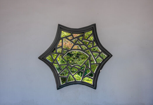 Classical garden lattice window in East Lake Park, Linhai, Taizhou, Zhejiang
