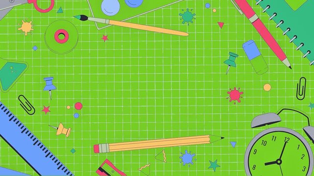 Animated flat lay colorful school and stationery supplies border on a green cutting mat background with copy space.