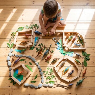 Overhead View of Child Creating Dinosaur World with Toys and Nature