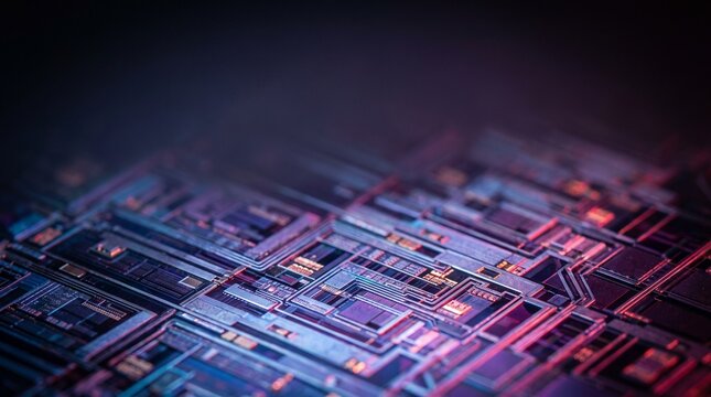 Futuristic Microchip Surface with Glowing Circuit Paths and Copy Space