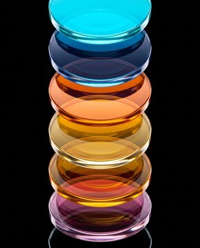 Stack of Transparent Colorful Glass Discs on Black Background