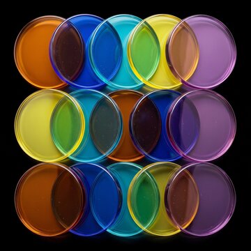 Colorful Overlapping Glass Discs Arranged in a Geometric Grid