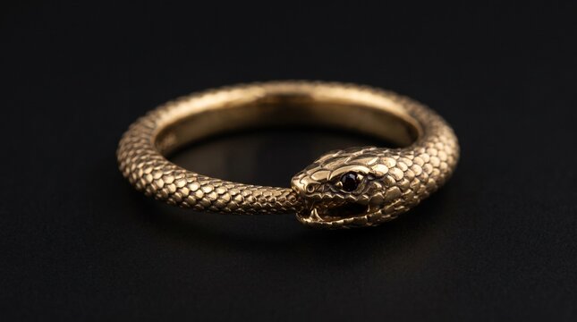 Detailed antique gold ouroboros snake ring eating its own tail with a small gemstone eye on a dark background