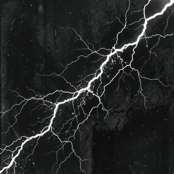 Black and white lightning-like branching cracks texture on a dark background. White veins fork across a charcoal surface like lightning, river deltas or electric discharge. Diagonal composition, high