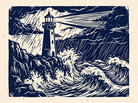 Linocut print of a lighthouse on a rocky cliff in a storm with crashing waves, navy ink on cream paper, poster style