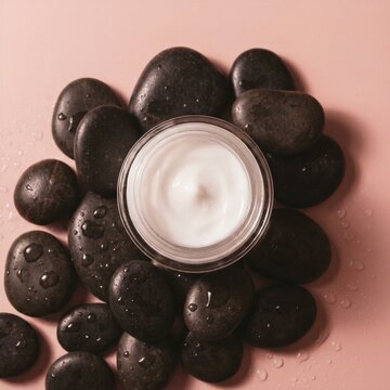 A jar of white face cream surrounded by wet black spa stones on a pink background.