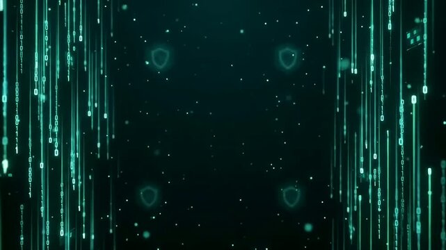 Green binary code streams falling with digital security shield icons
