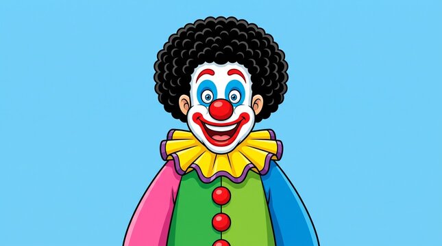 Colorful cartoon clown with exaggerated face and bright rainbow wig
