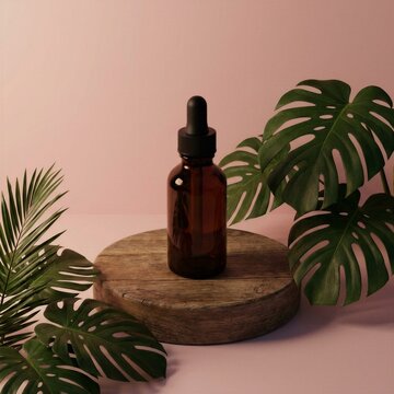 Amber glass dropper bottle on a wooden pedestal with tropical monstera leaves.