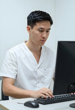 Healthcare administration and medical record management, young male doctor working on computer in hospital office for patient data entry and digital health