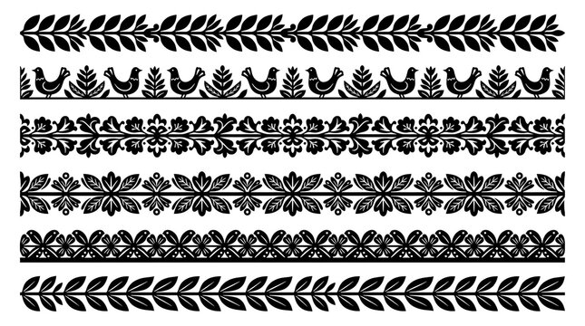 Black and white ornate laurel leaf border pattern with symmetrical floral motifs