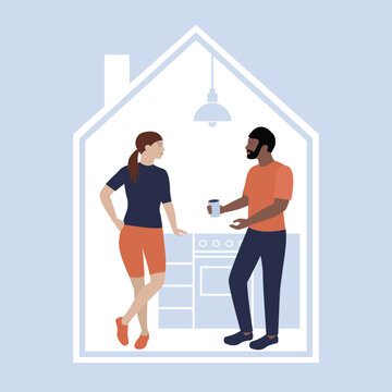 Tiny home living, couple sharing a casual moment in small house kitchen