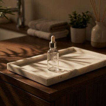 Empty glass dropper bottle on a marble tray in a sunlit bathroom.