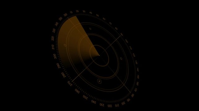 Futuristic yello radar 3d display, Glowing screen scanning with light rays beam on earth technology background. Radar screen showing scan results, multiple targets detected.