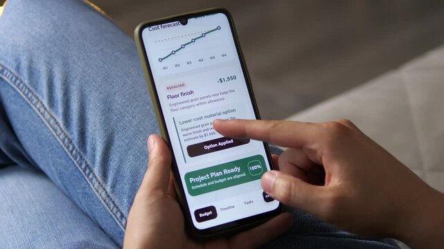 Person reviews a renovation cost forecast after applying a lower-cost flooring option, highlighting smarter material choices and tighter budget control in home improvement.