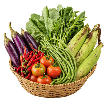 Fresh Indonesian vegetables in woven bamboo basket with eggplant, red chili, tomato, long beans, water spinach and corn, isolated on transparent background