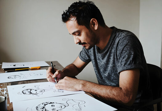 Creativity and artistic process, focused male illustrator drawing sketches on paper at a desk in a home studio workspace with concentration and passion