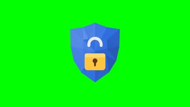 Low poly shield assembling with padlock closing on green screen