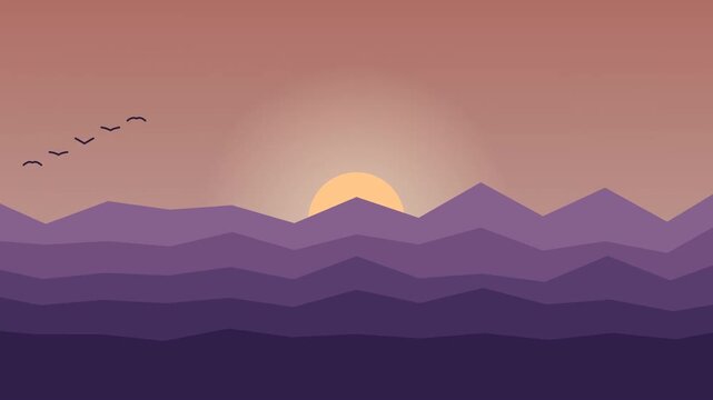 Layered flat mountains with sun rising and sky warming