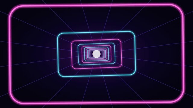 Neon pink and cyan rounded tunnel rushing forward seamless loop