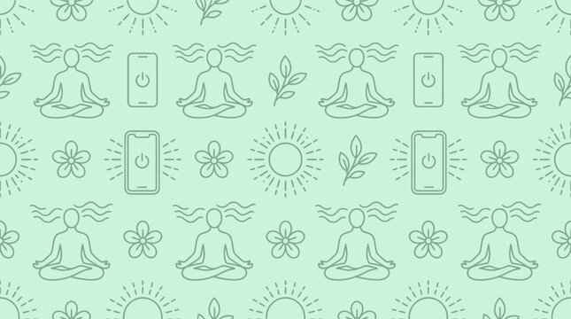 Seamless pattern for World Mental Health Day featuring minimal line art icons of meditating people, smartphones with power symbols, flowers, suns, and leaves on a green background.