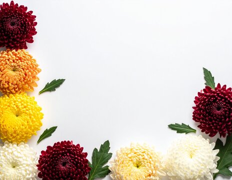 Chrysanthemum flowers in red, yellow and white forming a corner with large blank space