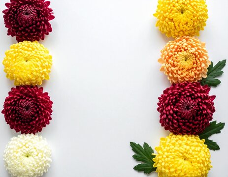 Chrysanthemum flowers along both sides on white with large blank space in the centre