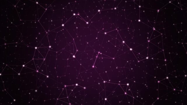 Abstract plum purple and pink plexus network of glowing connected dots and lines on dark background, technology, seamless loop