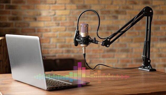 A professional microphone and laptop setup for podcasting or recording.