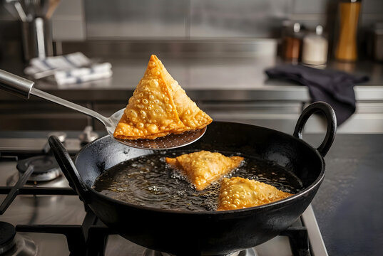 Fresh Golden Bengali Singara Frying in Hot Oil