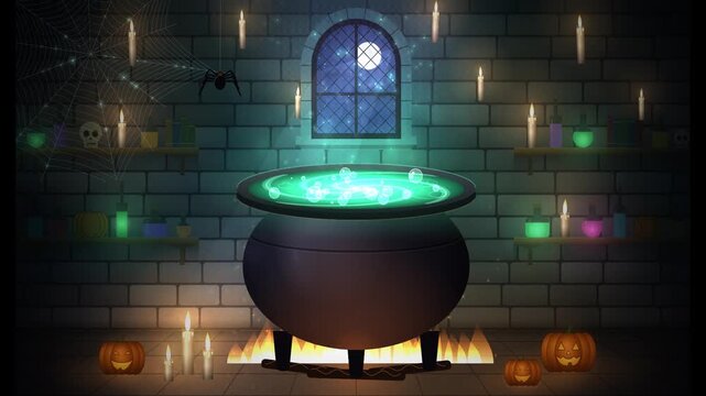 Animated Halloween Cauldron Boiling with Magic Potions in a Dark Spooky Witches Dungeon Interior