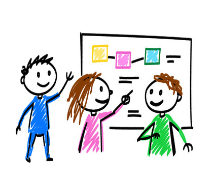 A child's hand-drawn scribble of stick figures holding a business meeting at a whiteboard with tasks and sticky notes