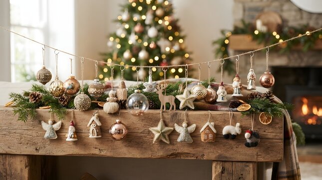 Assorted rustic christmas ornaments hanging from a twine string on a wooden fireplace mantel shelf with handcrafted holiday ornaments