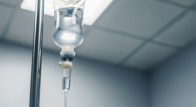 Medical IV drip bag hanging on a stand in a hospital room