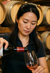 Naklejka premium Winemaking and sommelier expertise, woman pouring red wine into glass in a traditional cellar with oak barrels for tasting and hospitality industry